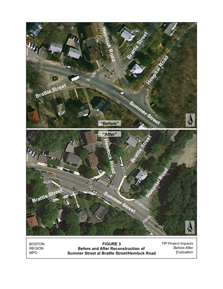 Aerial photos showing the Summer Street at Brattle Street/Hemlock Street intersection before and after the reconstruction of the intersection.